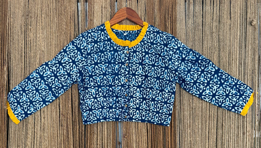BLUE  & YELLOW HANDBLOCK COTTON SILK STITCHED BLOUSE