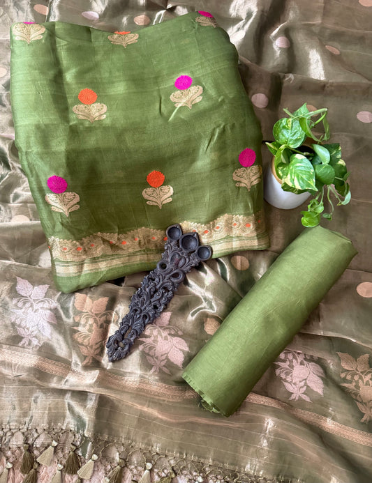 Lawn Green kora silk certified handloom banarsi kadwa booti meenakari three piece suit