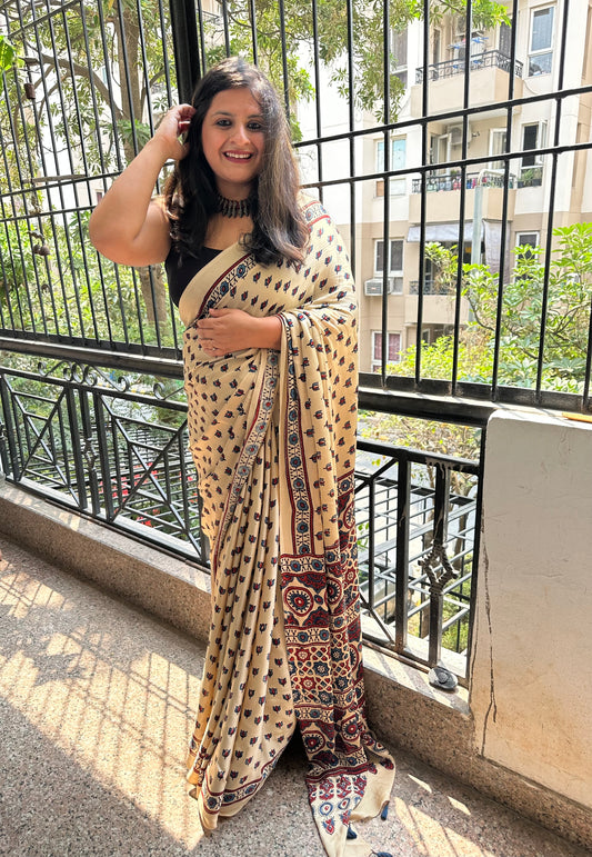 BEIGE  LOTUS  AJRAKH MODAL SILK SARI WITH BORDER