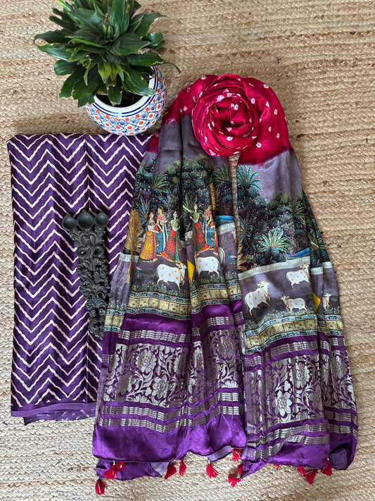 PURPLE MASHRU KURTA WITH BANDHANI PICHWAI HANDCRAFTED  MODAL SILK DUPATTAS