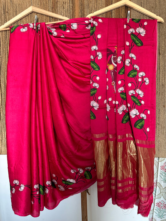 MAGENTA PINK MODAL SILK PICHWAI SARI WITH ZARI BORDER