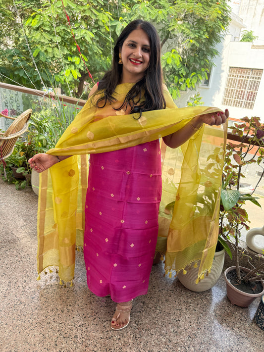 Shocking pink Kora silk certified handloom Banarsi kadwa Booti three piece suit