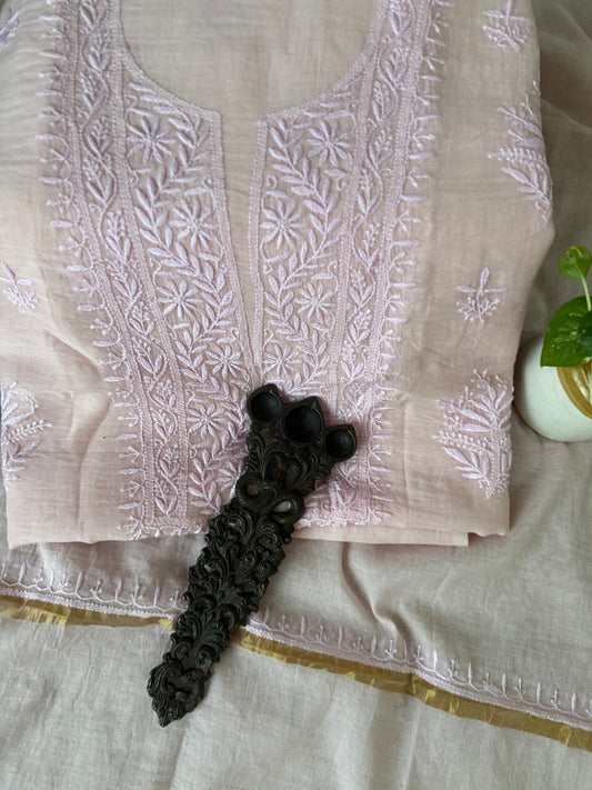 BABY PINK  PREMIUM  MULL CHANDERI LUCKNOWI CHICKENKARI HAND EMBROIDERY THREE PIECE SUIT