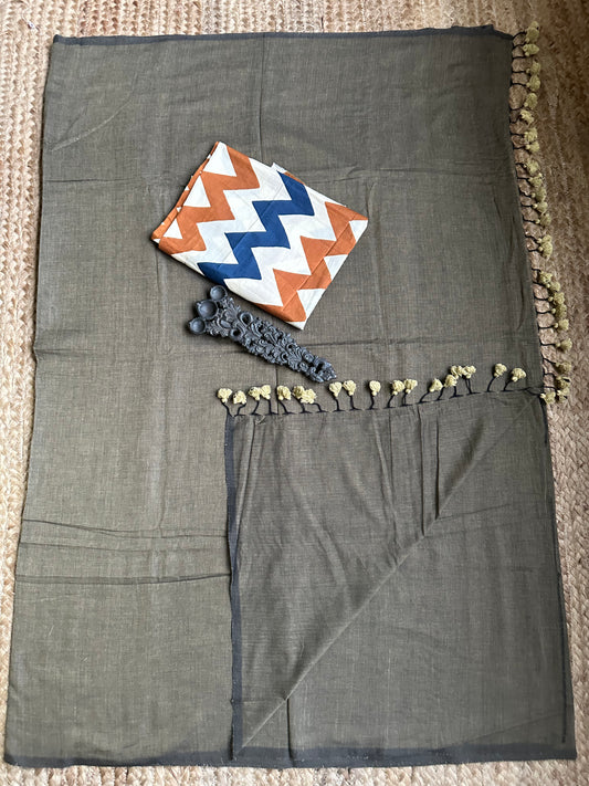 MILITARY GREY  COTTON MULL HANDLOOM SARI