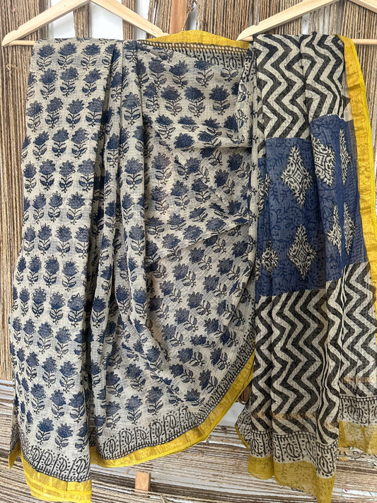 INDIGO BEIGE  KOTA DORIA HANDBLOCK SARI