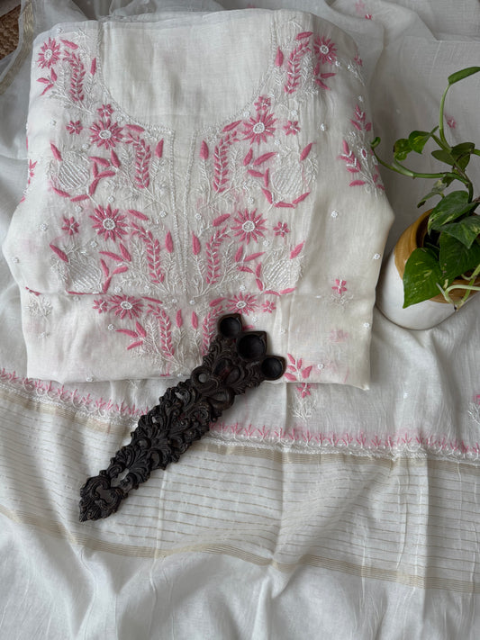 White & pink embroidery premium mull chanderi lucknowi chickenkari with moti work hand embroidery three piece suit