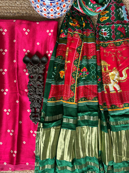 PINK THREE DOTS MASHRU SILK KURTA WITH PATOLA HANDCRAFTED MODAL SILK DUPATTA PS-206