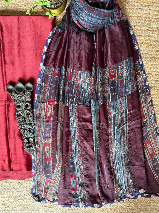 MAROON MASHRU SILK KURTA WITH AJRAKH PATCHWORK  HANDCRAFTED  MODAL SILK DUPATTA PWK-11
