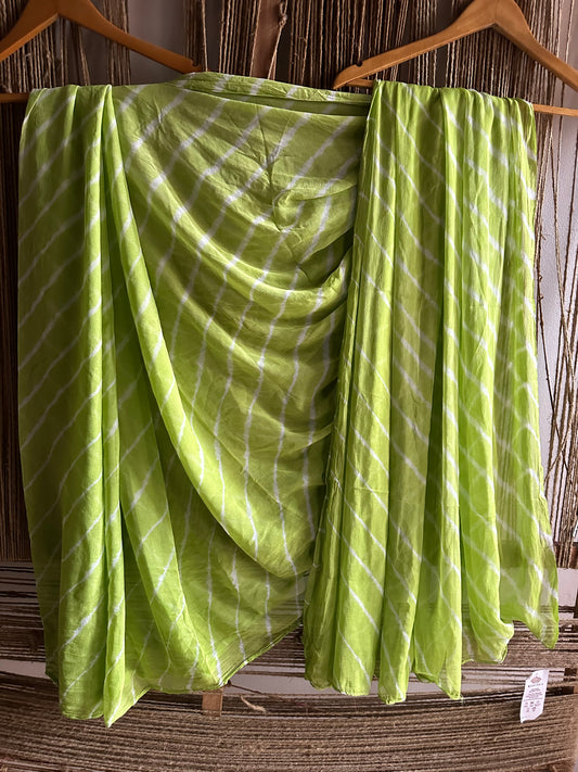 OLIVE GREEN LEHERIYA HANDCRAFTEDCHIFFON SARI