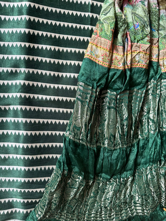 BOTTLE GREEN SILK KURTA WITH BANDHANI PICHWAI HANDCRAFTED  MODAL SILK DUPATTAS