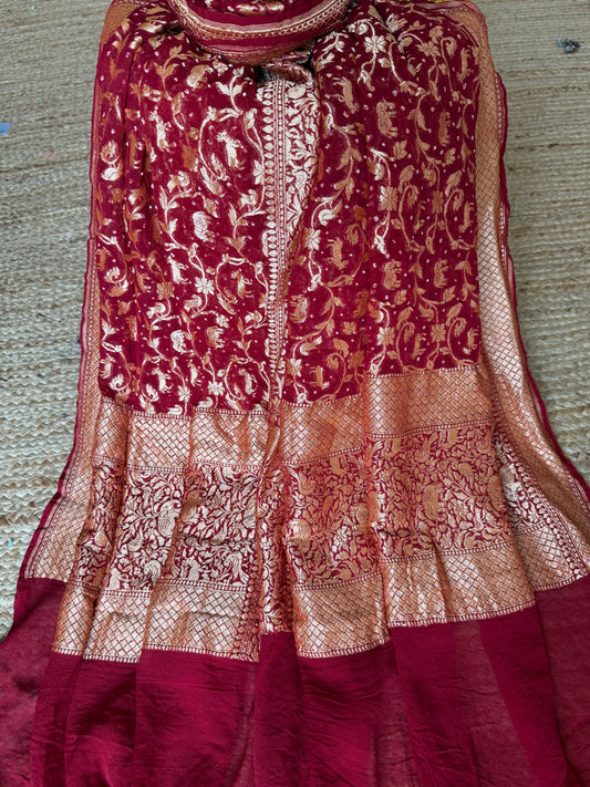 Brunt Maroon Handwoven NeemZari Bareek Bandhani in Khaddi Georgette dupatta  BD-1080