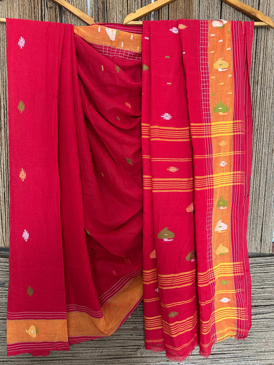 CARDINAL RED MULL HANDLOOM COTTON JAMDANI WOVEN SARI