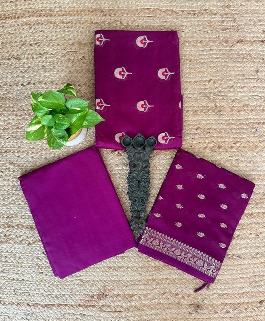 Velvet Purple Chanderi handloom  banarsi booti three piece suit