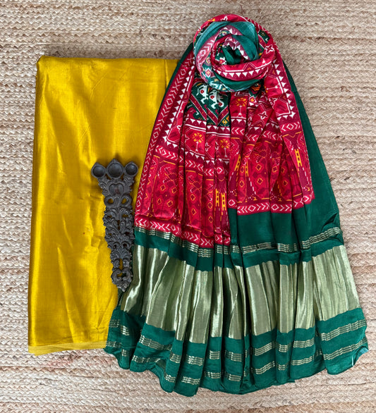 Yellow & Green patola mashru silk kurta with  patola pichwai handcrafted modalsilk dupatta