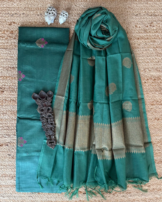 Pine Green Chanderi Handloom Banarsi Booti Three Piece Suit