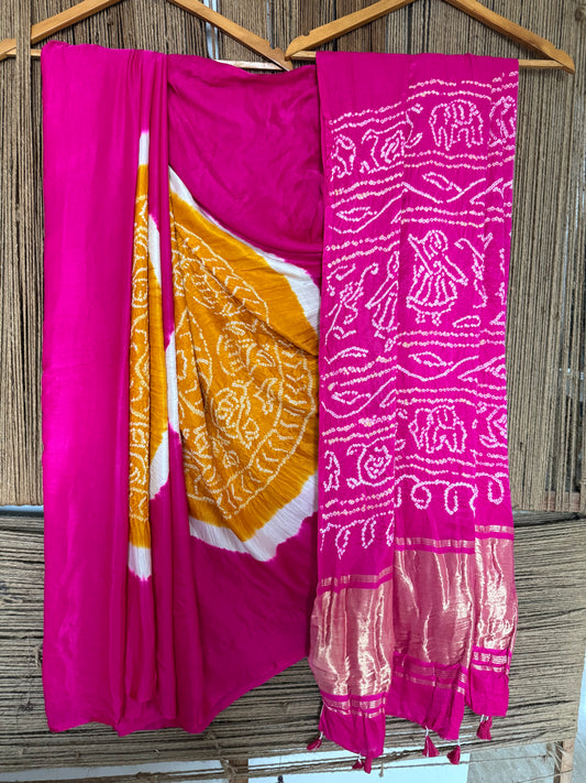PINK & YELLOW GAJJI SILK RAI BANDHANI CHAKRA THEME GAJJI SARI