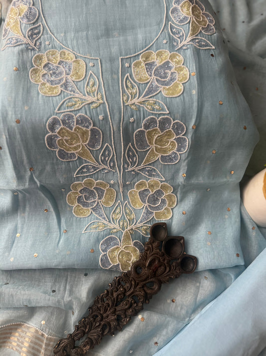 CELESTE BLUE CHANDERI LUCKNOWI CHICKENKARI WITH MOTI  CUTDANA WORK HAND EMBROIDERY THREE PIECE SUIT