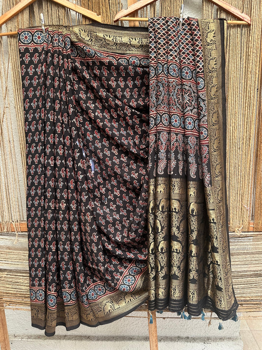 BLACK DOLA  SILK AJRAKH ZARI BORDER SARI