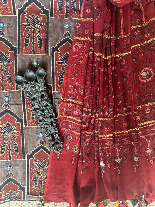 CHIKOO BROWN AJRAKH HANDBLOCK AND HAND EMBROIDERY KURTA WITH  AJRAKH HAND EMBROIDERY DUPATTA