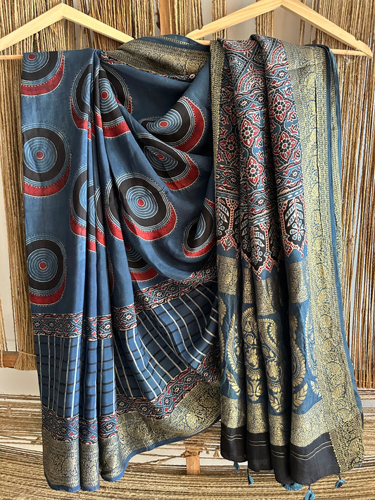 INDIGO BLACK DOLA  SILK AJRAKH ZARI BORDER SARI