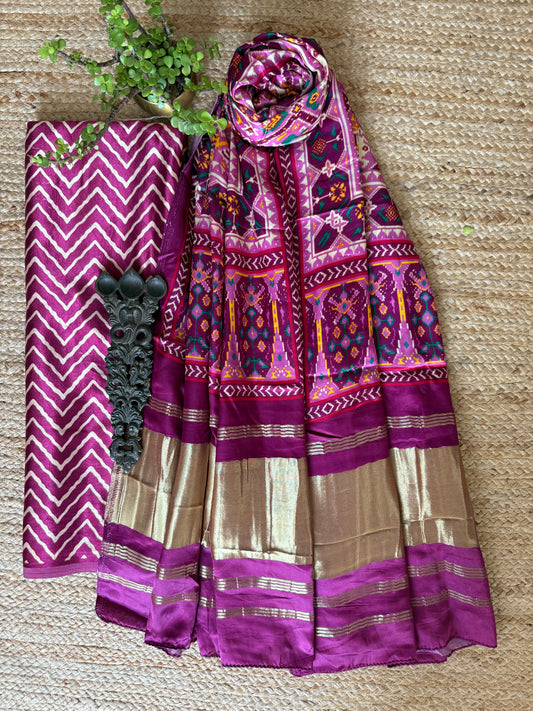 MAGENTA PURPLE ZIGZAG MASHRU SILK KURTA WITH PATOLA HANDCRAFTED MODAL SILK DUPATTA PS-221