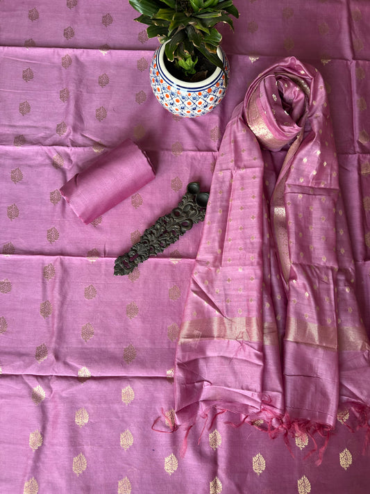 Onion pink chanderi Katan silk certified handloom Banarsi Booti three piece suit