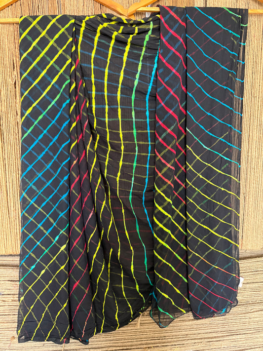 BLACK MULTI LEHERIYA HANDCRAFTED  CHIFFON SARI CL -1036