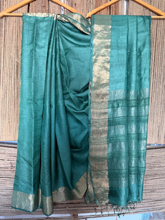 Teal Blue Kosa Ghicha handloom silk sari with zari woven border
