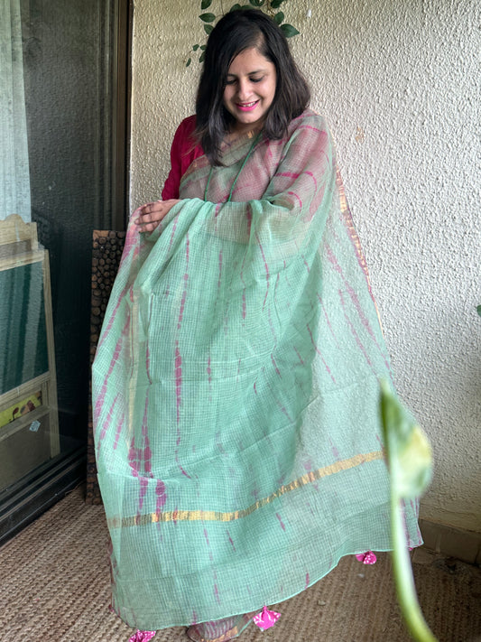 OLIVE GREEN  KOTA SHIBORI DORIA  HANDBLOCK SARI