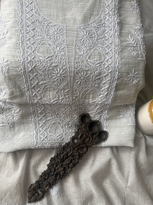 RHINO PREMIUM  MULL CHANDERI LUCKNOWI CHICKENKARI HAND EMBROIDERY THREE PIECE SUIT