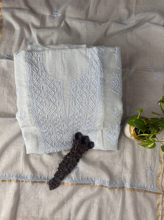 ICE BLUE PREMIUM  MULL CHANDERI LUCKNOWI CHICKENKARI HAND EMBROIDERY THREE PIECE SUIT