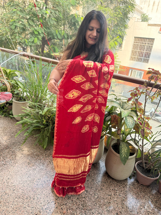 RED MODAL SILK HANDKNOTTED   BANDHANI SHIBORI SARI bss-6