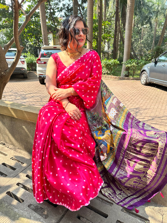 MAGENTA PINK MODAL SILK BANDHANI  SARI WITH PICHWAI PRINT