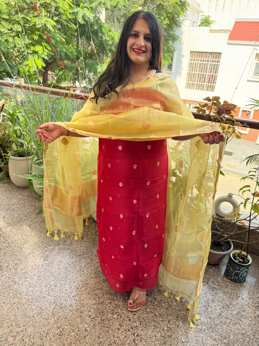 Carmine Red Kora silk certified handloom Banarsi kadwa Booti three piece suit