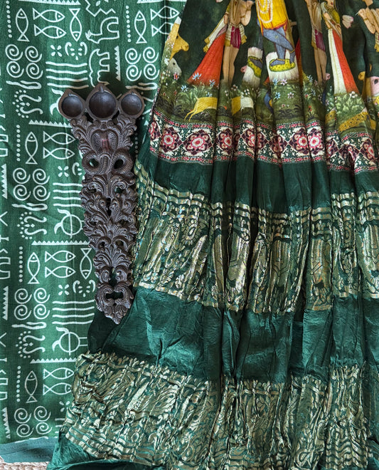 Green mashru silk kurta with bandhani pichwai handcrafted  modal silk dupattas