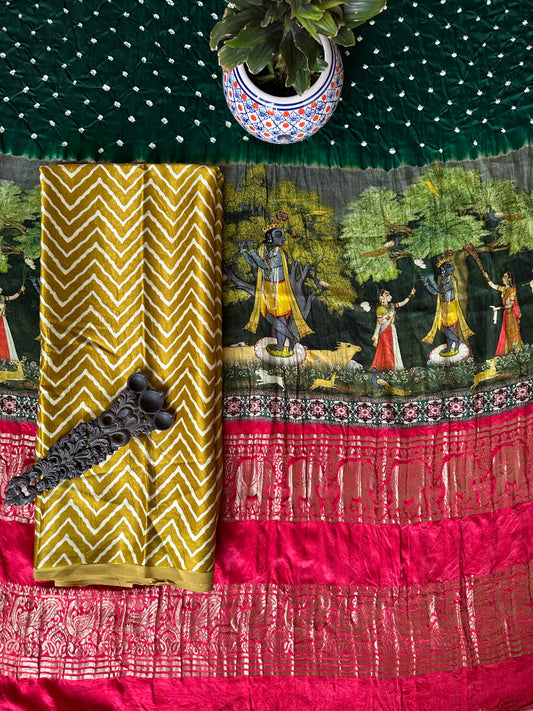MUSTARD MASHRU KURTA WITH BANDHANI PICHWAI HANDCRAFTED  MODAL SILK DUPATTAS