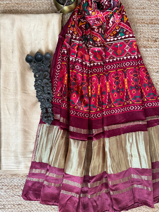 BEIGE GOLDEN SOLID MASHRU SILK KURTA WITH  PATOLA PICHWAI HANDCRAFTED MODALSILK DUPATTA PS-251