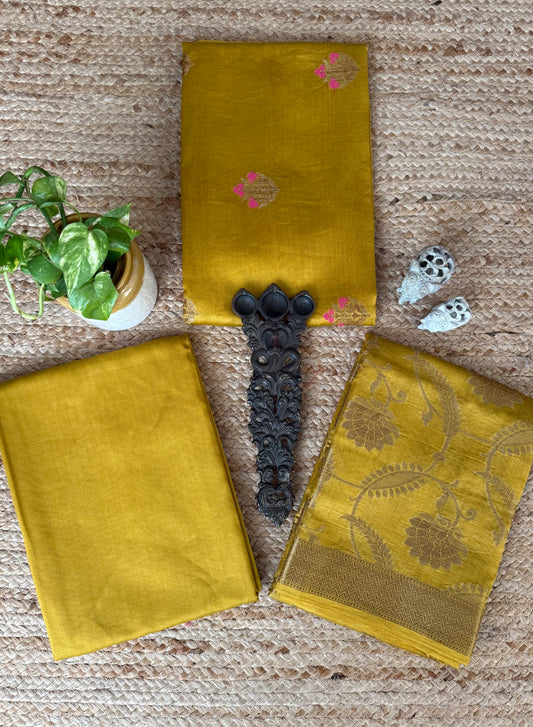 Pineapple  Yellow Chanderi Handloom Banarsi Booti Three Piece Suit