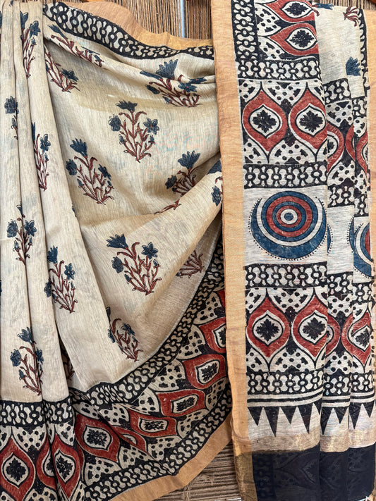 BEIGE NATURAL DYE HANDCRAFTED HANDBLOCK AJRAKH LINEN SILK SARI
