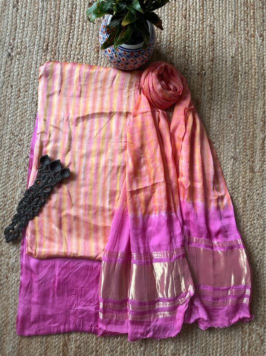 Peach Pink Modal  Silk Shibori  Kurta with Shibori  handcrafted Modal Silk Dupatta