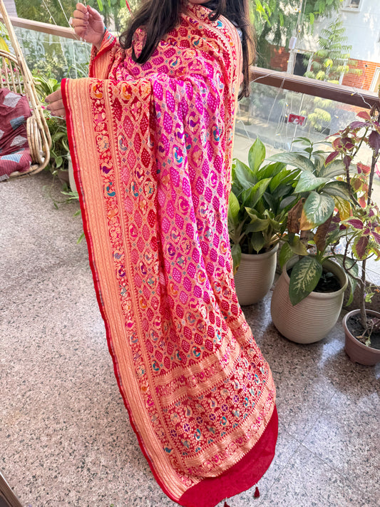 Red & pink  ombré shade Handwoven Bareek Bandhani in Meenakari Jaal  Premium Georgette dupatta