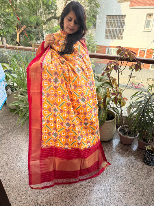 YELLOW- HANDSPUN HANDWOVEN POCHAMPALLY IKAT SILK DUPATTA WITH ZARI BORDER