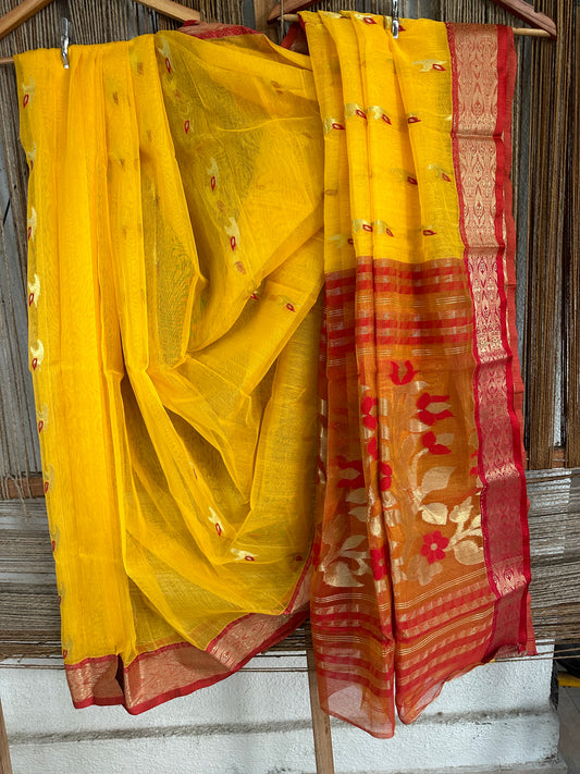 Lovely Flowers Embroidery on hand woven yellow Bengal Jamdani  saree embroidered Red Blouse