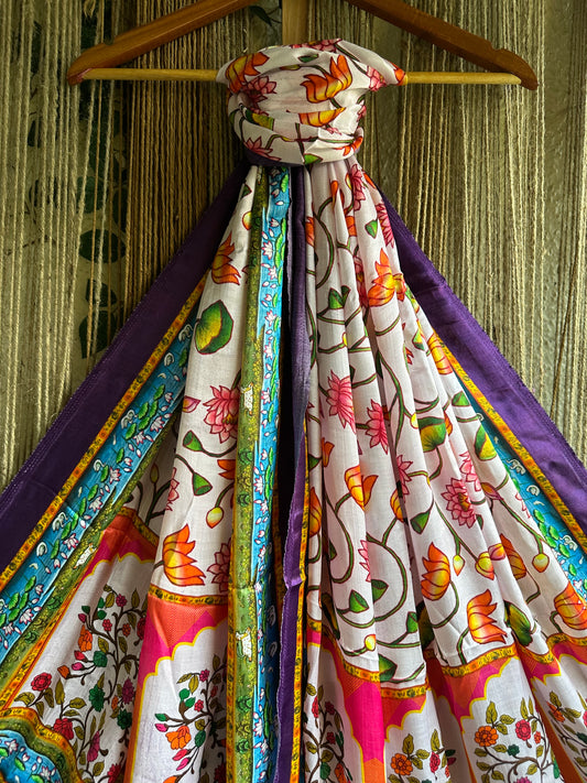 Purple cream Pichwai Modal Silk Dupatta