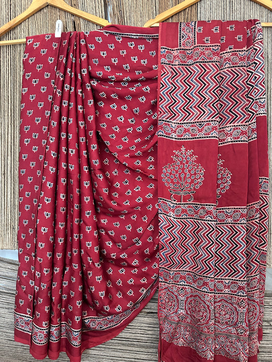 RED LOTUS  AJRAKH MODAL SILK SARI WITH BORDER