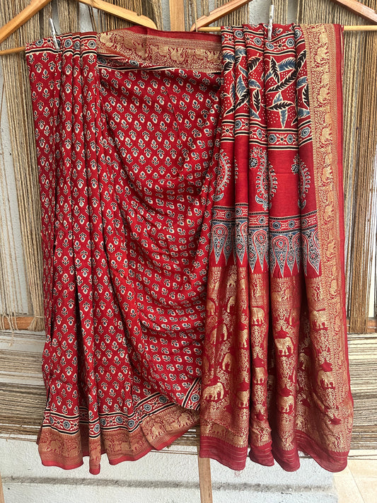 MAROON DOLA  SILK AJRAKH ZARI BORDER SARI