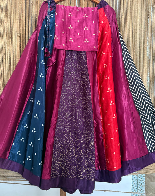 Mulberry Purple mashru silk blouse-with Multicolour patchwork  handcrafted mashru silk Skirt