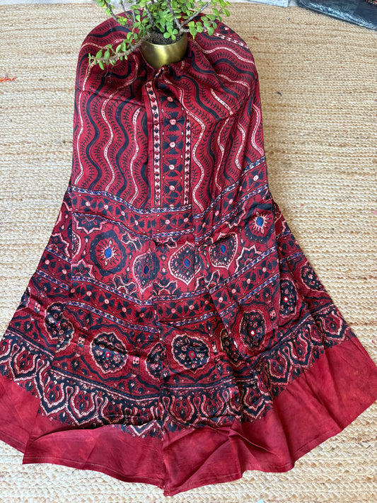 MAROON AJRAKH MODAL SILK STOLE WITH HAND EMBROIDERY MIRROR WORK