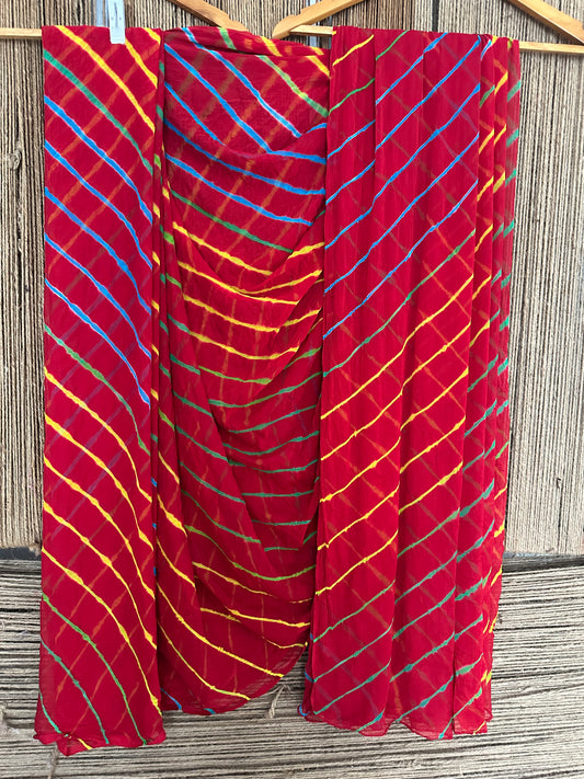 RED MULTI LEHERIYA HANDCRAFTED  CHIFFON SARI CL -1046