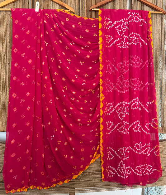 Ruby Pink Bandhani handcrafted  chiffon sari